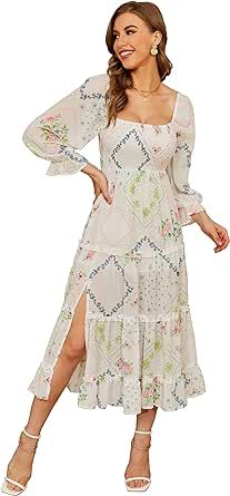 R.YIposha Women's Autumn Bohemian Dress Puff Sleeve Ruffled Floral Print Casual Off Shoulder Long... | Amazon (US)
