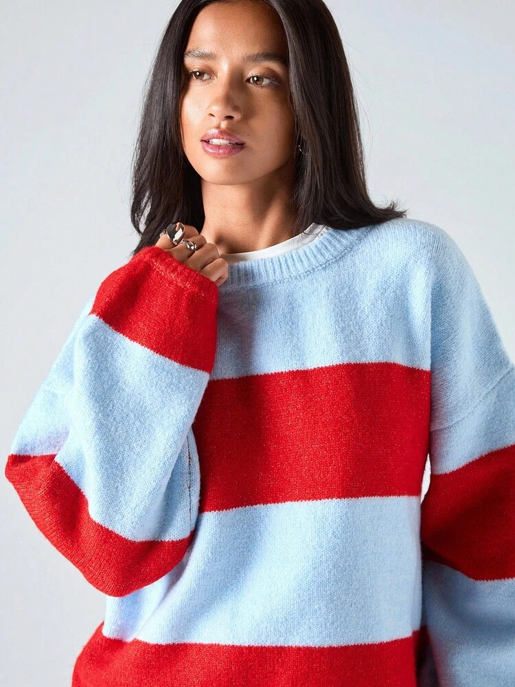 Blue red stripe sweater  | SHEIN
