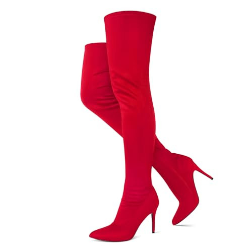 Jiu du Red Thigh High Boots Pointed Toe Suede Red High Heel Boots Women's Over The Knee High Boots Size 8.5 | Amazon (US)