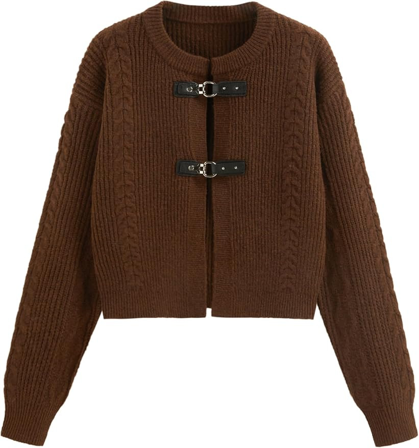 CIDER Cardigan Sweater for Women Round Neck Buckle Sweater Knitted Crop Top Long Sleeve Open Fron... | Amazon (US)