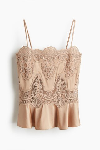 H & M - Lace-Inset Satin Strappy Top - Beige | H&M (US + CA)