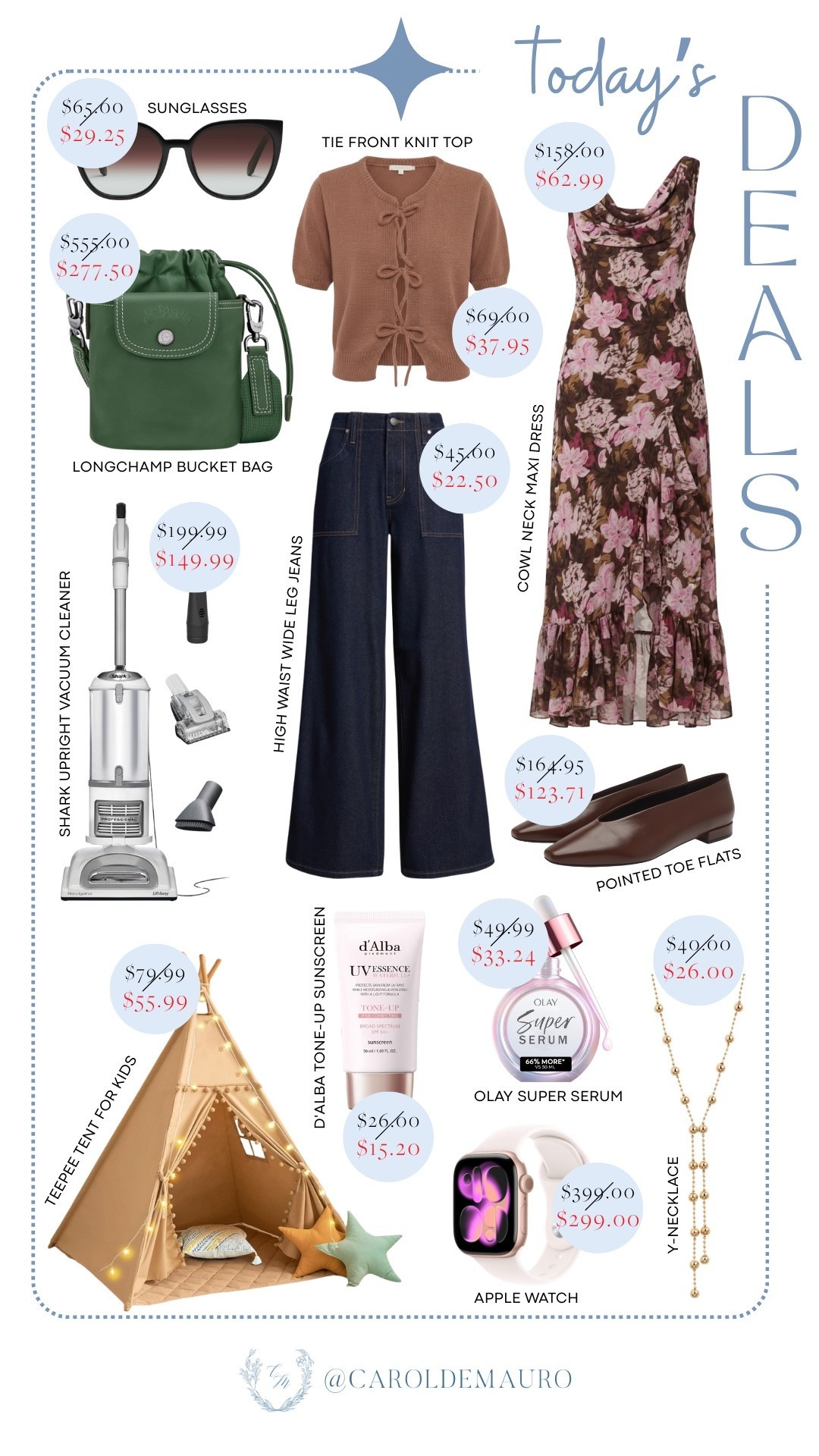 Snag the ultimate wardrobe refresh with today’s standout deals, featuring everything from elegant floral maxi dresses and chic knit tops to the perfect pair of pointed-toe flats. Whether you’re looking for high-end accessories like the Longchamp bucket bag and home upgrades, this curated collection has you covered. Elevate your style and your space with these must-have finds before they're gone.

deals of the day, tee pee tent, olay super serum, d' alba sunscreen, apple watch, shark vacuum, beauty finds

#LTKSeasonal #LTKSaleAlert #LTKU
