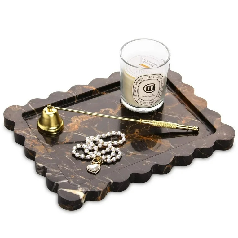 TABHOUKIT Marble Tray with Scalloped Edge Black Gold, 10.8 * 8 Luxury Natural Stone Decorative Ba... | Walmart (US)