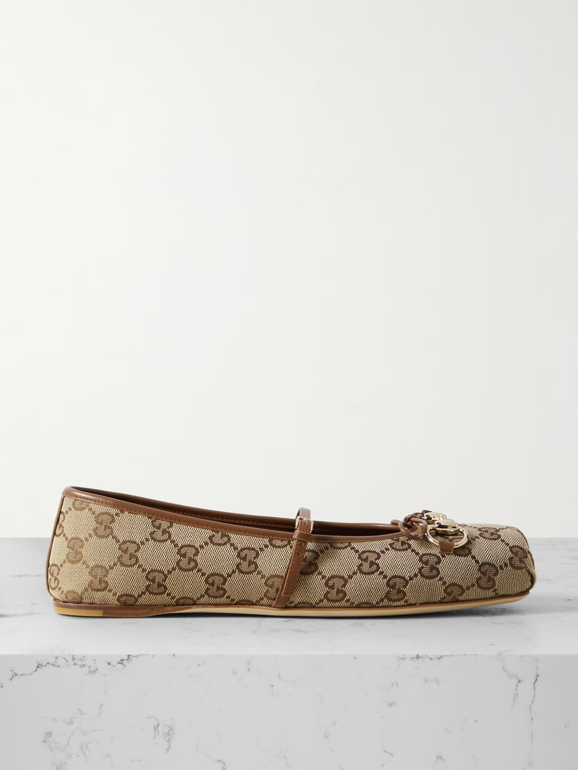 Horsebit-detailed leather-trimmed canvas-jacquard ballet flat | NET-A-PORTER (US)