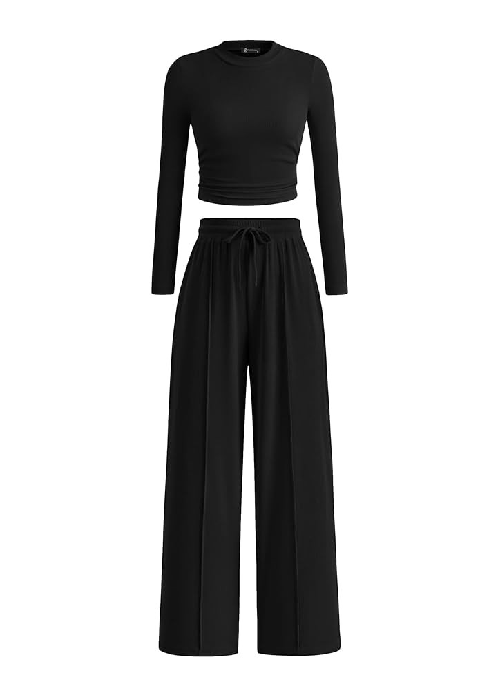 PRETTYGARDEN Women's 2 Piece Sets 2025 Fall Long Sleeve Crop Tops Wide Leg Pants Matching Outfit ... | Amazon (US)