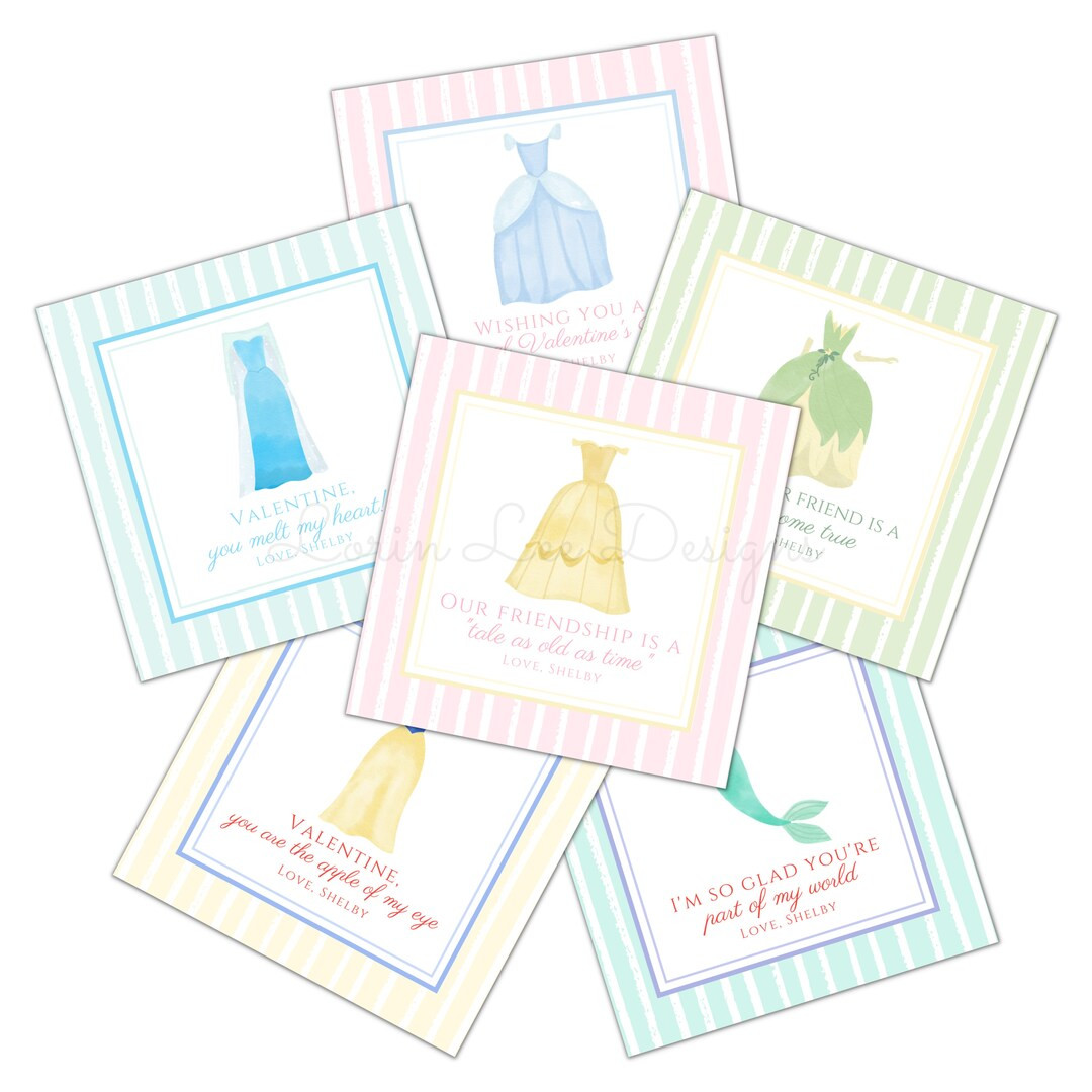 Printable Princess Valentines Set, Watercolor Princess Dresses, Valentine's Day tag for kids, Val... | Etsy (US)