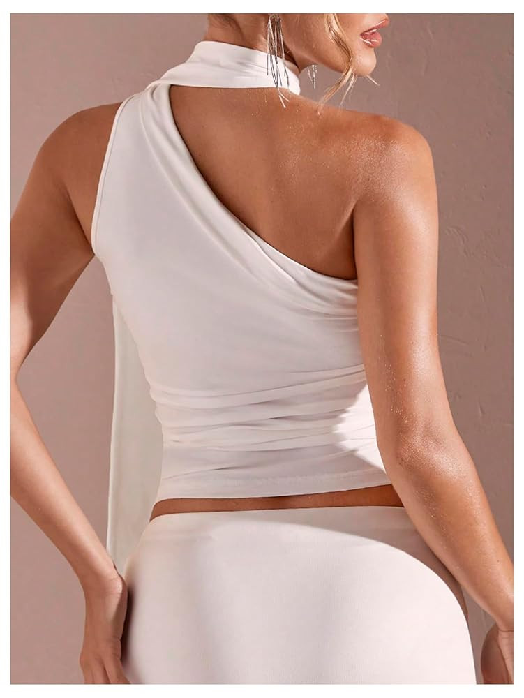 GORGLITTER Women's Halter Going Out Tank Top with Scarf One Shoulder Ruched Asymmetrical Crop Top... | Amazon (US)