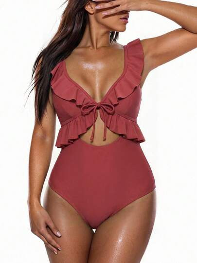 Swim Lushoire Bañador una pieza ribete con fruncido con abertura con cordón delantero | SHEIN