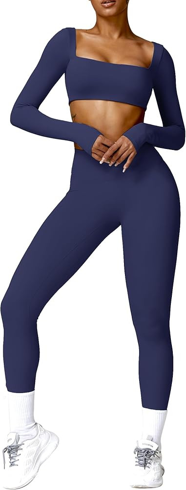 ABOCIW Workout Sets for Women 2 Piece Square Neck Long Sleeve Crop Tops High Waist Flared Legging... | Amazon (US)