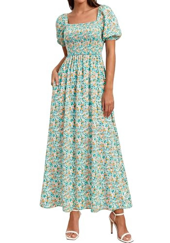 BTFBM Spring Summer Dresses for Women 2026 Puff Short Sleeve Smocked Floral Print Boho Beach Wedding Guest Maxi Dress(Light Green Flower, Small) | Amazon (US)