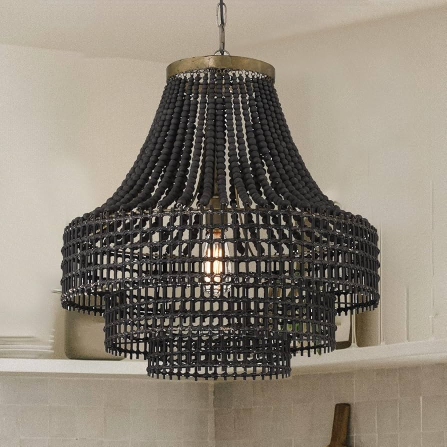 Creative Co-Op Metal, Rattan and Wood Bead Chandelier, Black | Amazon (US)