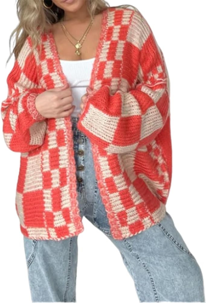 Womens Checkered Sweater Open Front Long Sleeve Color Block Plaid Cardigans Oversized Knit Coats | Amazon (US)