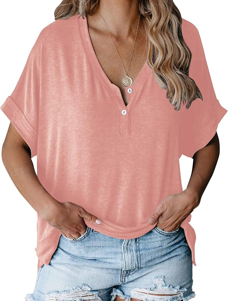 Womens Summer Short Sleeve Tops Casual Henley V Neck T Shirt | Amazon (US)