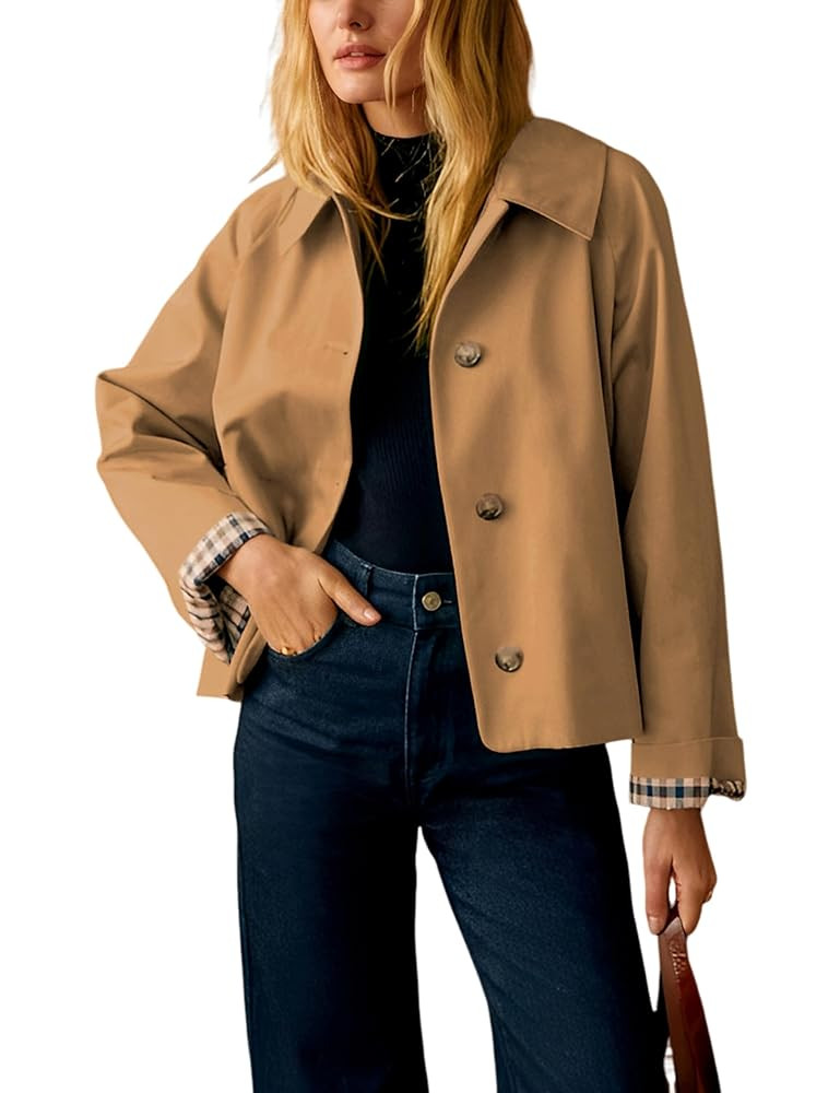 Dqbeng Womens Cropped Trench Coat Classic Collar Oversized Casual Jackets with Checkered Lining | Amazon (US)