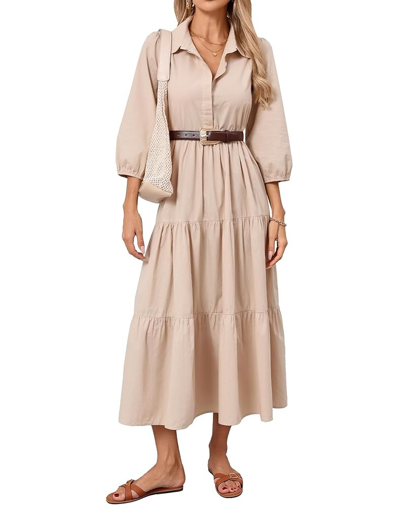 Women Flowy Maxi Shirt Dress Casual Button Down V Neck Ruffled Beach Long Dresses with Pockets | Amazon (US)