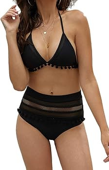 Womens High Waisted Bikini Set Stripe Tassel Halter Two Pieces Swimsuits | Amazon (US)