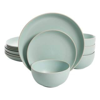 Rockaway 12-Piece Matte Teal Stoneware Plates and Bowls Dinnerware Set | The Home Depot