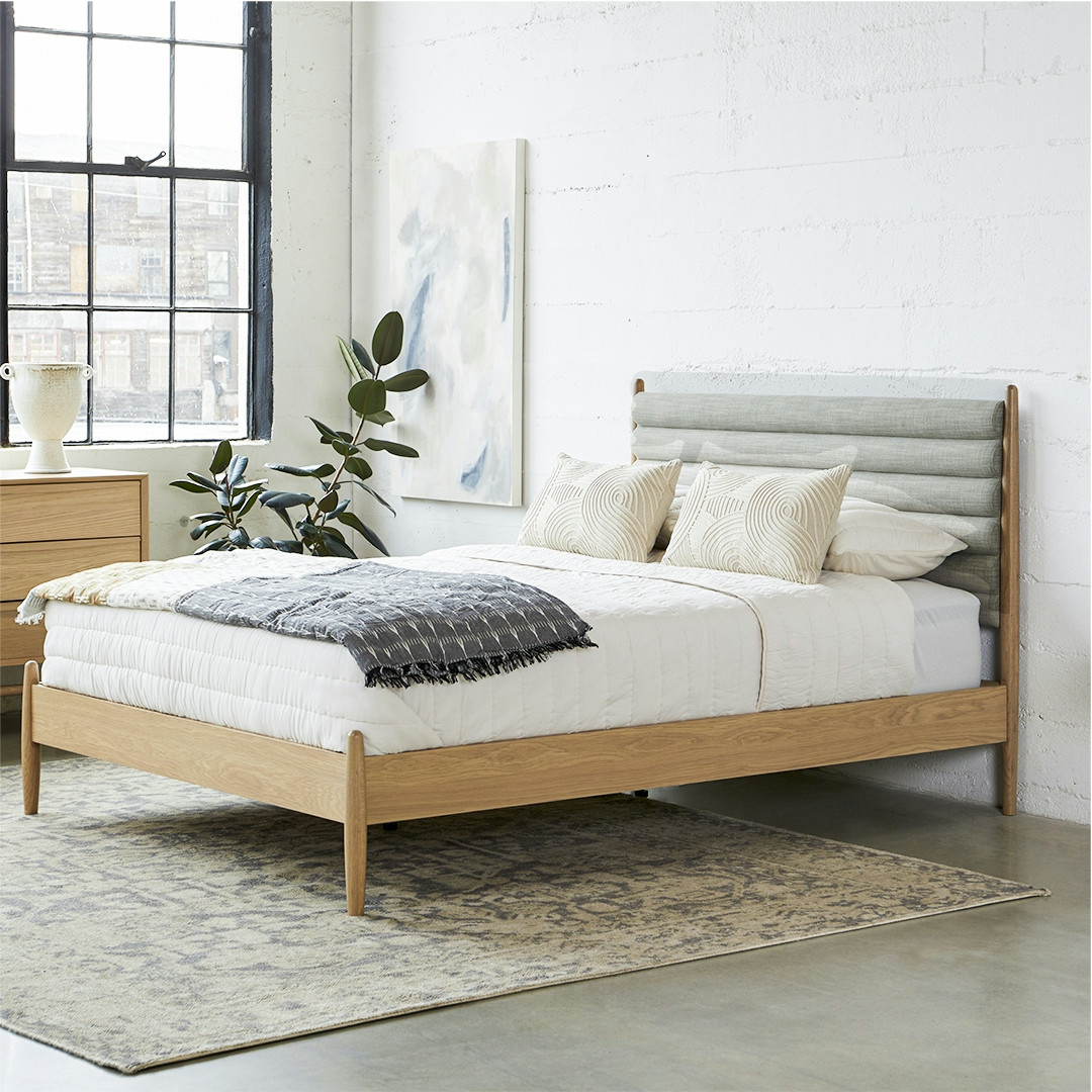 Lenia Queen Upholstered Bed - White Oak and Rain Cloud Gray | Article