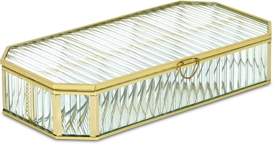 Zelara 11.625" Fluted Glass Storage Box - Gold Metal Frame with 4 Compartments and Mirrored Botto... | Amazon (US)