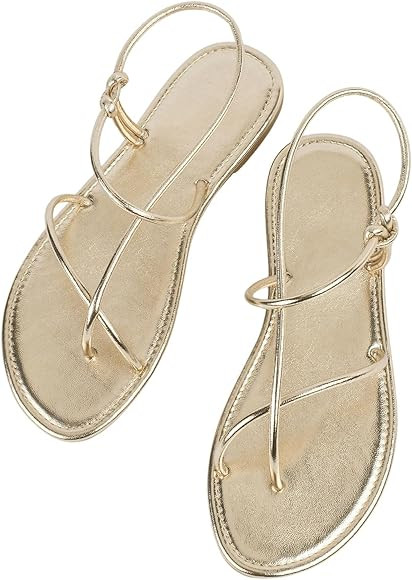 GORGLITTER Women's Metallic Strappy Flat Sandals Open Toe Dressy Summer Beach Thong Slides | Amazon (US)