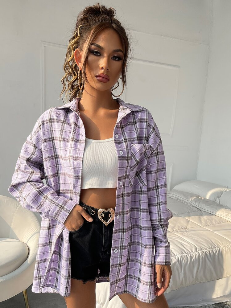 Purple Check Oversized Shirt | SHEIN