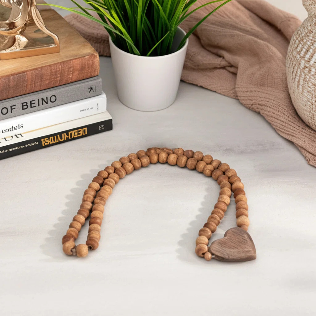 28" Brown Mango Wood Bead Garland with Heart Accent - Decorative Wooden Beads for Home Decor | Wayfair North America