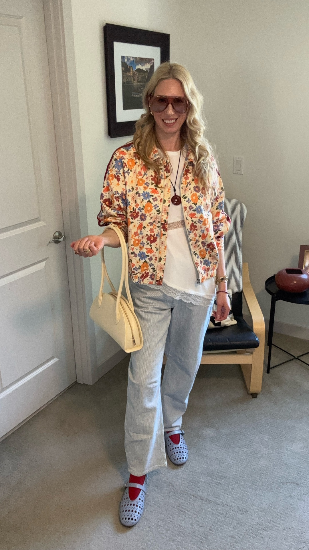 Sunshine delivered right to my doorstep from @sunshinebystace

Floral Track Jacket @sunshinebystace (on IG) 
White lace tee @h&m 
Bag and jeans @oldnavy
Maryjane’s @alaia 
Socks, necklace, earring and sunglasses @amazon
