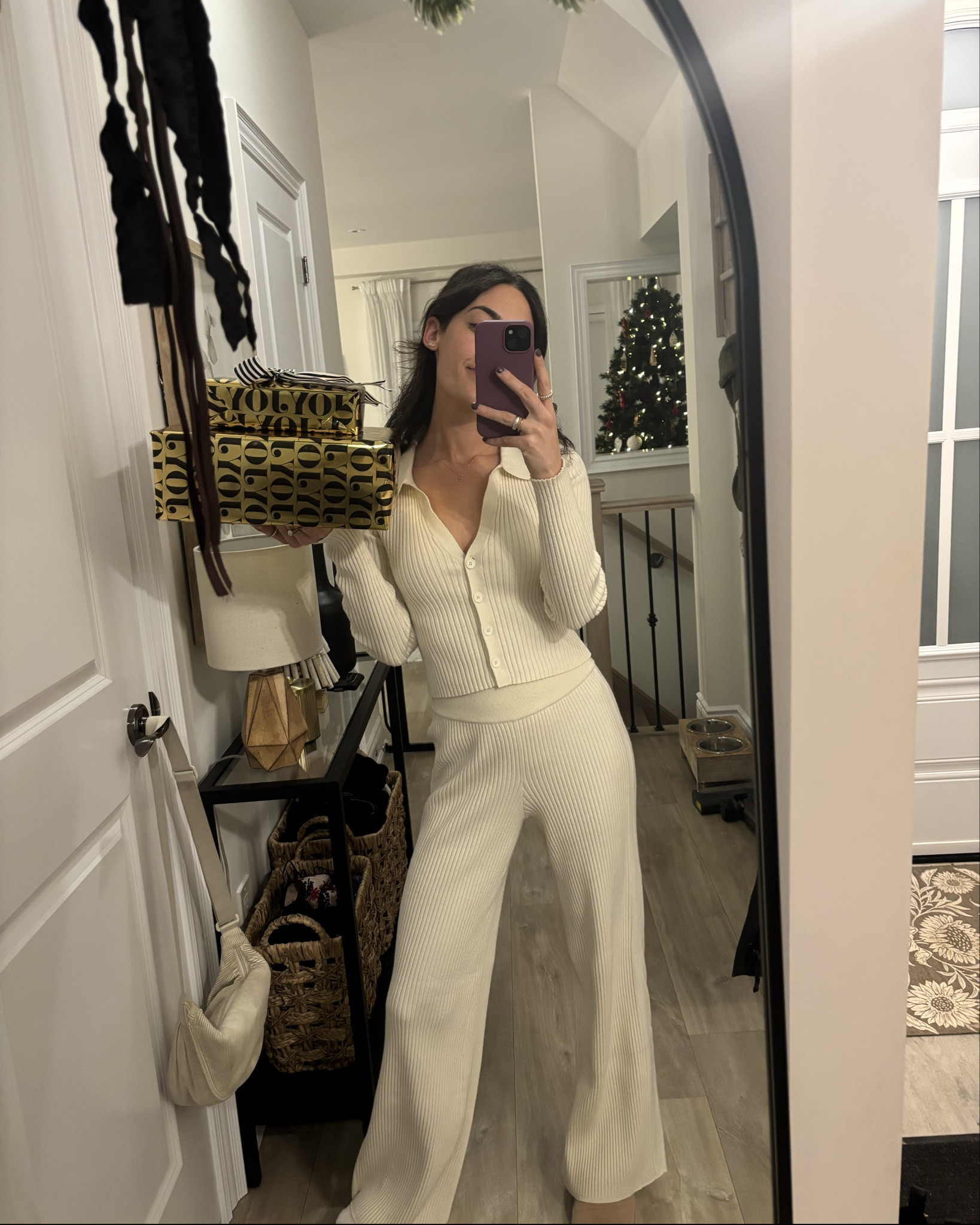 My super cozy fit for a super cozy girls night gift exchange 🤍 this is the Gotta Jet! Set from Aerie, unfortunately it’s sold out 😢 but I’ve linked some similar looks! Knits sets are so comfy and versatile. Personally, I love a collared top. It’s easier to elevate! 

#LTKCozySets #LoungeWear 

#LTKstyletip #LTKwinter #LTKpetite
