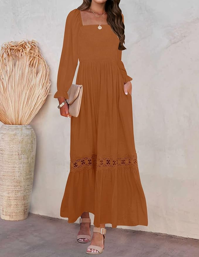 ZESICA Women's 2024 Boho Long Sleeve Square Neck Smocked High Waist Flowy A Line Lace Trim Maxi D... | Amazon (US)