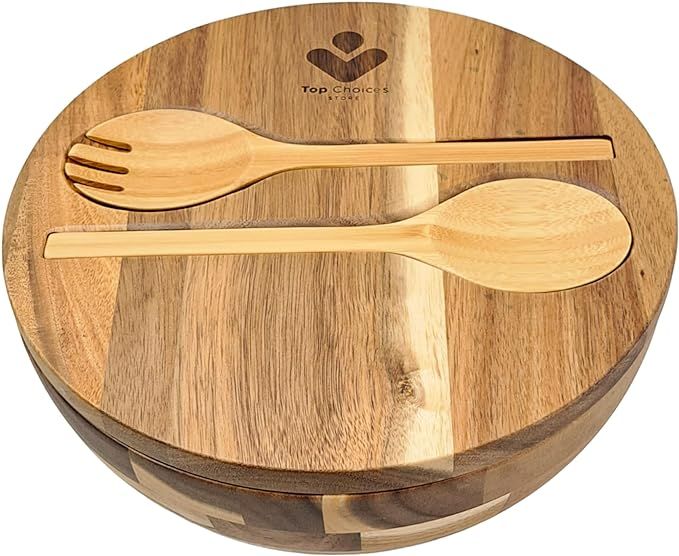 Top Choices -Wooden Salad Bowl Set, Large Fruit Bowl for Kitchen Counter,10.5" Salad Bowl with Li... | Amazon (US)