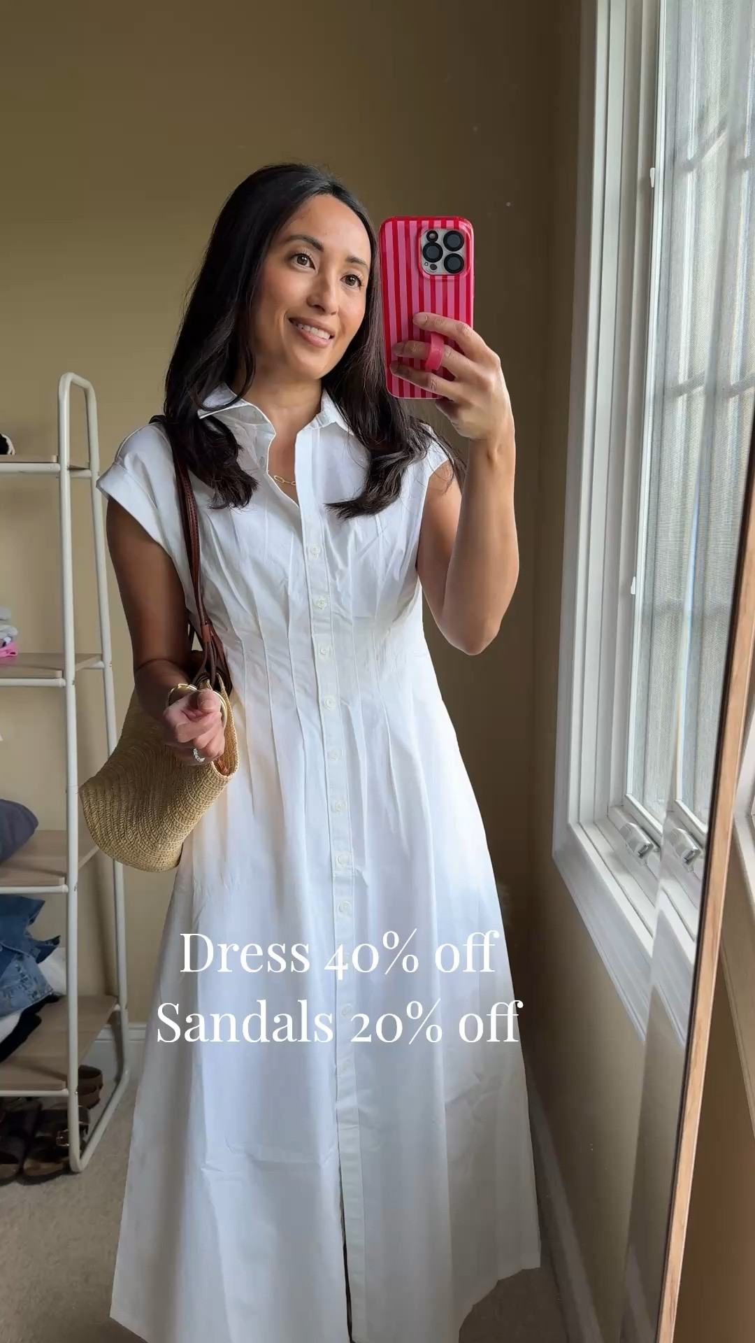 White dress on sale 40% off. All cotton. Classic feminine style. True to size. 
Clear strap sandals on sale 20% off with code ANTHRO20. Chic pointed toe flats. True to size. 
Straw bag. Raffia bag. Tote bag.
Graduation dress. Summer dress. Vacation dress.