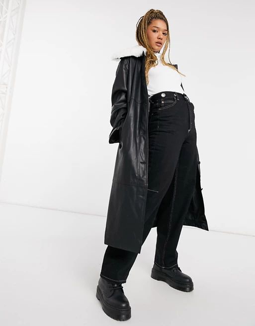 ASOS DESIGN leather look trench with faux fur collar in black | ASOS (Global)