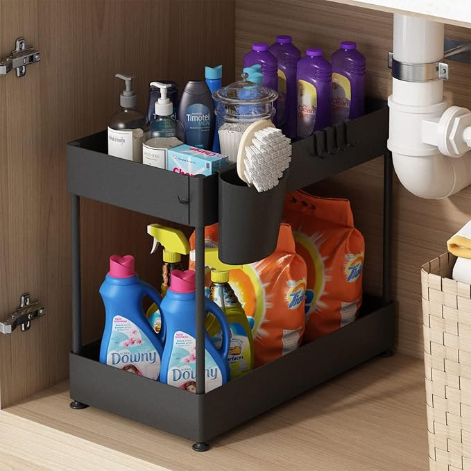 Under Sink Organizer, Under Bathroom Cabinet Storage 2 Tier Under Sink Storage Rack with 6 Hooks,... | Amazon (US)