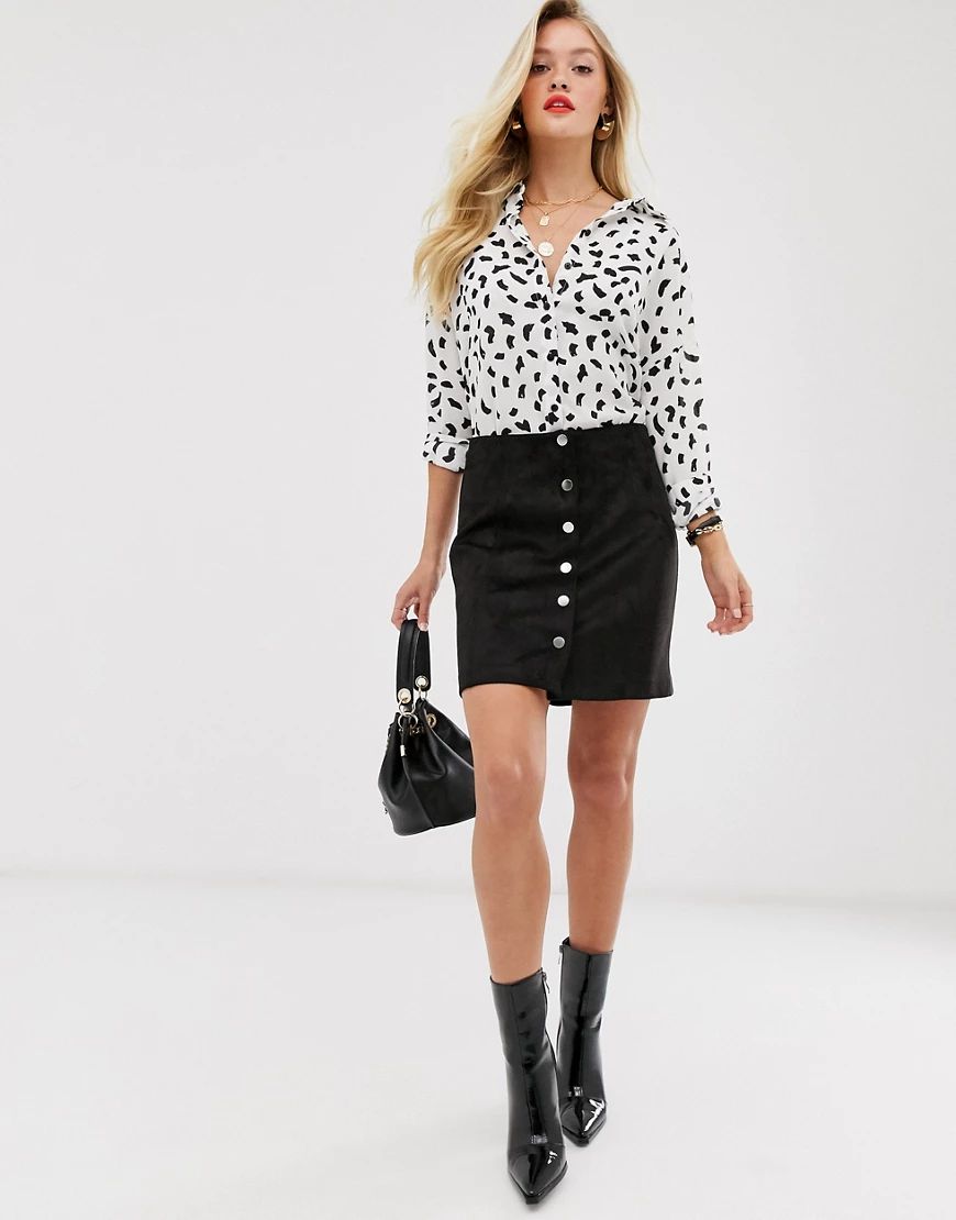 Mango faux suede button front mini skirt in black-Brown | ASOS (Global)