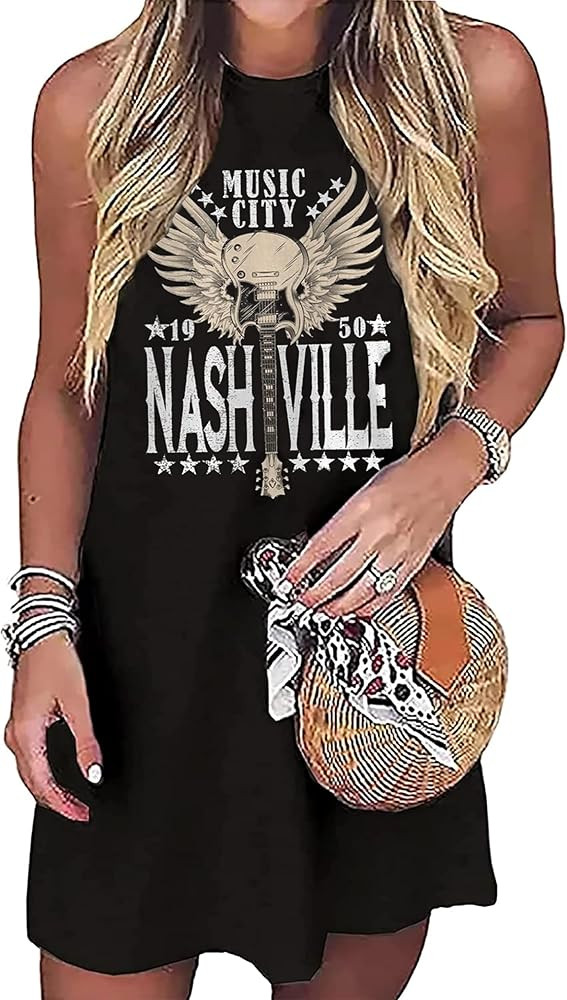 Nashville Music City Mini Dress Women Country Music Rock Band Sleeveless Dress Vintage Guitar Win... | Amazon (US)