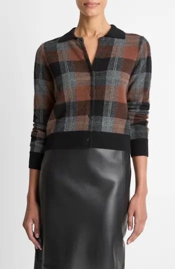 Vince Check Plaid Cashmere Cardigan in Cacao /Heather Pewter /Black at Nordstrom Rack, Size Small | Nordstrom Rack