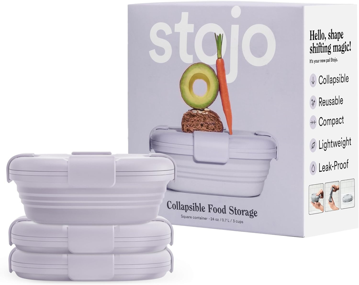 STOJO Collapsible Sandwich Box 3 Set - Lilac, 24oz - Reusable Food Storage Container - To-Go Trav... | Amazon (US)
