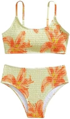Girl's 2 Piece Floral High Waisted Swimsuit Smocked Wireless Bathing Suit Boho Holiday Beachwear ... | Amazon (US)