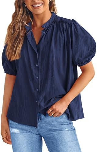 PRETTYGARDEN Women's 2026 Summer Button Down Shirts Short Lantern Sleeve V Neck Cotton Cute Tops ... | Amazon (US)
