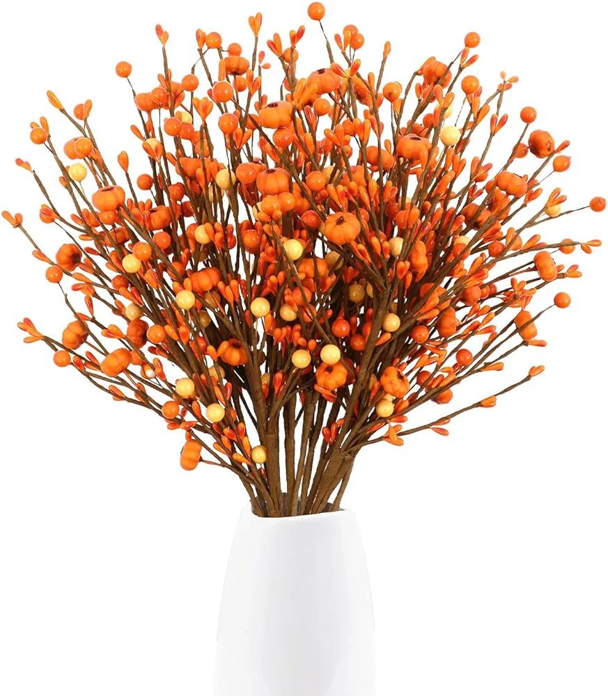 U'Artlines 12Pcs Fall Artificial Berry Stems with Mini Fake Pumpkin 15.7 Inch Autumn Orange Berr... | Amazon (US)