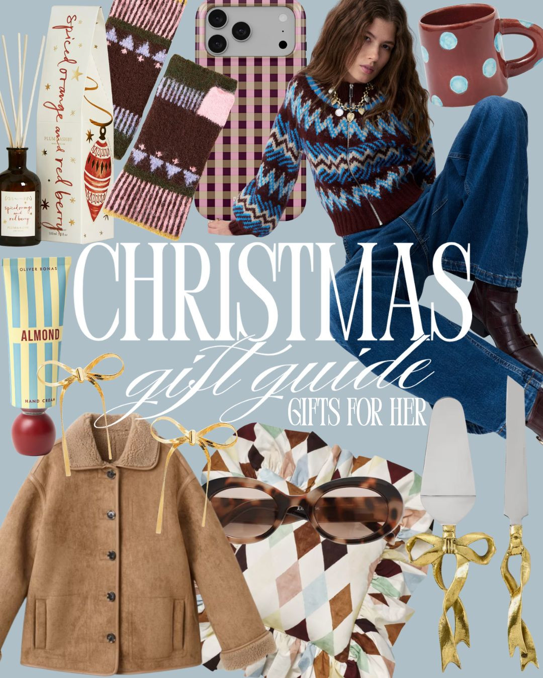 🎄 Gift Guide Part 12: Gifts for Her 🎄
For the one who loves a cosy home, soft knitwear, and a touch of festive charm — perfect for your mum, sister, girlfriend, or best friend.

✨ Plum & Ashby Diffuser – £33 (for the homebody)
✨ Oliver Bonas Almond Hand Cream – £6.50 (for the skincare lover)
✨ Oliver Bonas Gloves – £28 (for the winter walker)
✨ Mango Shearling Coat – £119.99 (for the style minimalist)
✨ Amazon Bow Earrings – £5.99 (for the jewellery lover)
✨ Doing Goods Cake Server Set – £75 (for the hostess)
✨ Damson Madder Cushion – £45 (for the interiors fan)
✨ & Other Stories Sunglasses – £27 (for the trendsetter)
✨ M&S Fair Isle Jumper – £40 (for the cosy dresser)
✨ BURGA Phone Case – £15.99 (for the tech lover)
✨ Damson Madder Spot Mug – £26 (for the coffee or tea drinker)

Shop the edit — thoughtful Christmas gifts for every woman on your list 🎁
#LTKGiftGuide #LTKHoliday #GiftsForHer #GiftsForMum #GiftsForSister #GiftsForFriends #ChristmasGiftIdeas #UKGiftGuide #StockingFillers 

 #LTKuk #LTKwinter #LTKgiftguide