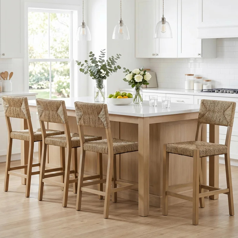 Cledia 21" Wide Rustic Farmhouse Mahogany Wood Ratten Seat Counter Stool | Wayfair North America