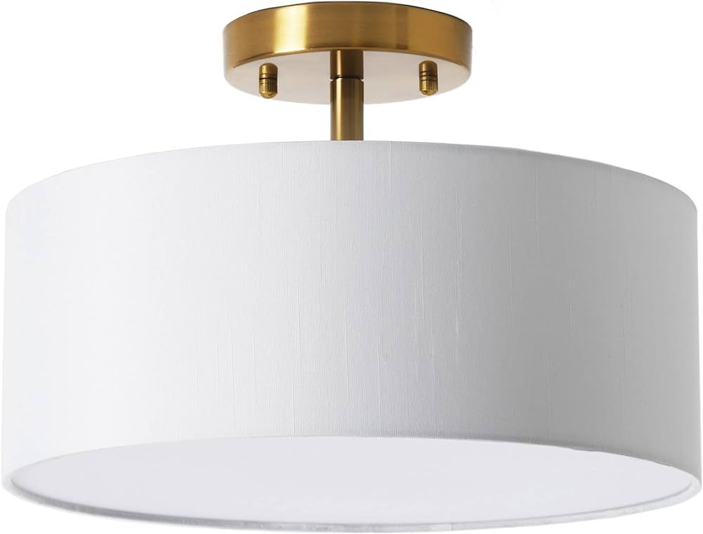 15 Inch Drum Light, Semi-Flush Mount Ceiling Light Fixture White Fabric Drum Shade and Gold Plati... | Amazon (US)
