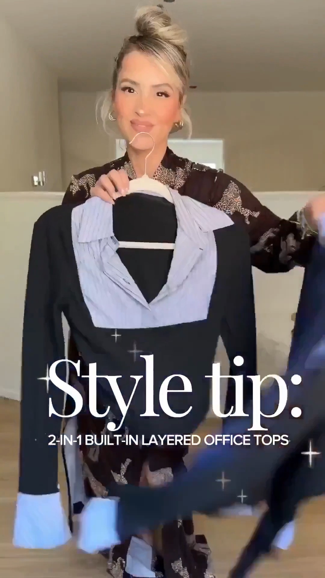 Style tip: 2 in 1 built-in layered OFFICE TOPS!! No bulk + no effort + matches literally any trouser in your closet!! 

Wearing small in tops 
Size small or size 4 in trousers
Tan trousers = small long thin (they run short)
Dark blue trousers: that color is out of stock now 😭 but the light blue are equally as good I promise!