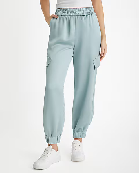 High Waisted Satin Cargo Joggers | Express