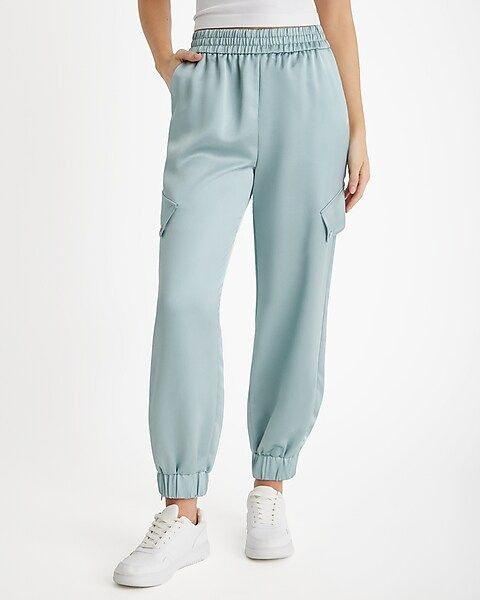 High Waisted Satin Cargo Joggers | Express