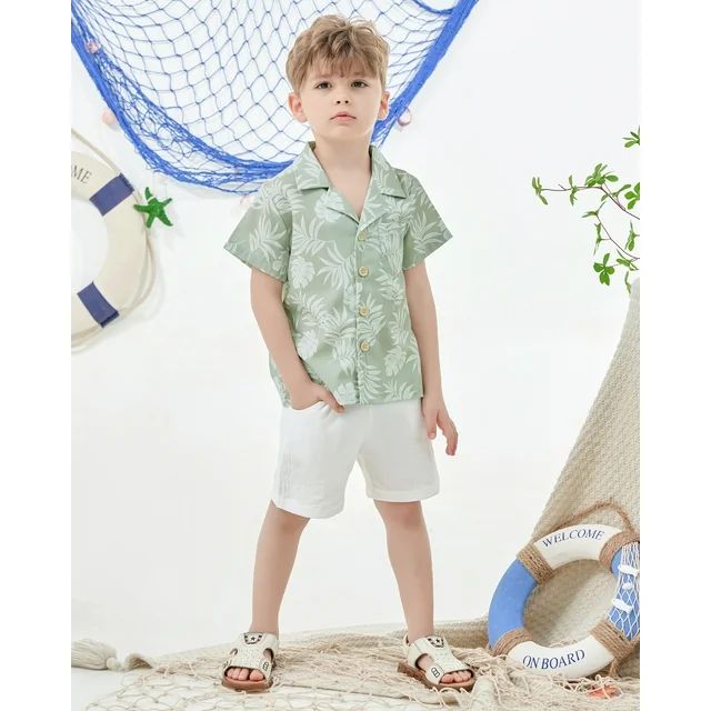 CARETOO Toddler Boy Clothes Summer Outfits Short Sleeve Button Down Shirt Shorts Beach Casual Set | Walmart (US)