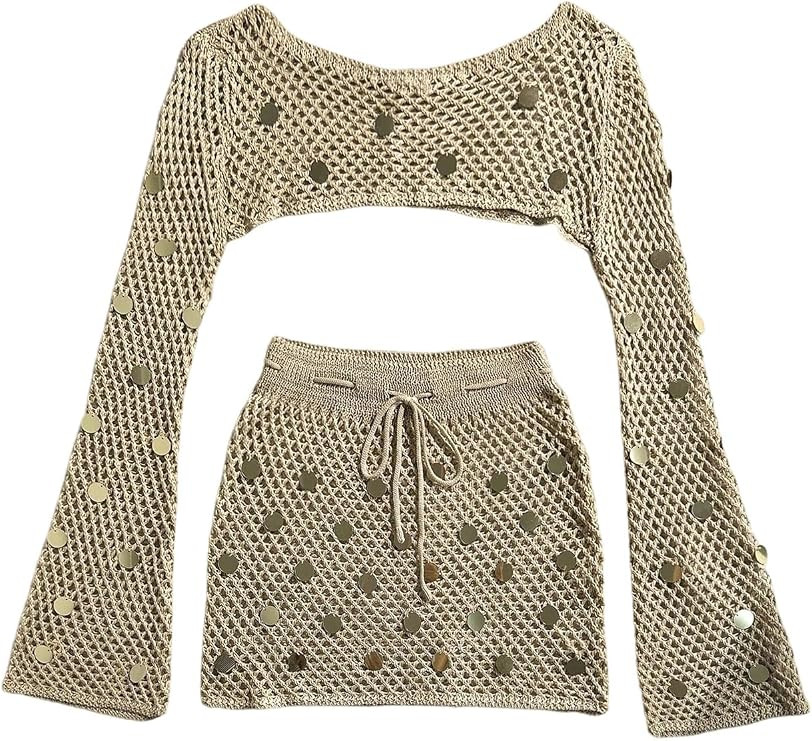 WDIRARA Women's Crochet 2 Piece Cover Up Set Sequin Hollow Out Beach Skirt Set Swimsuit Coverup | Amazon (US)