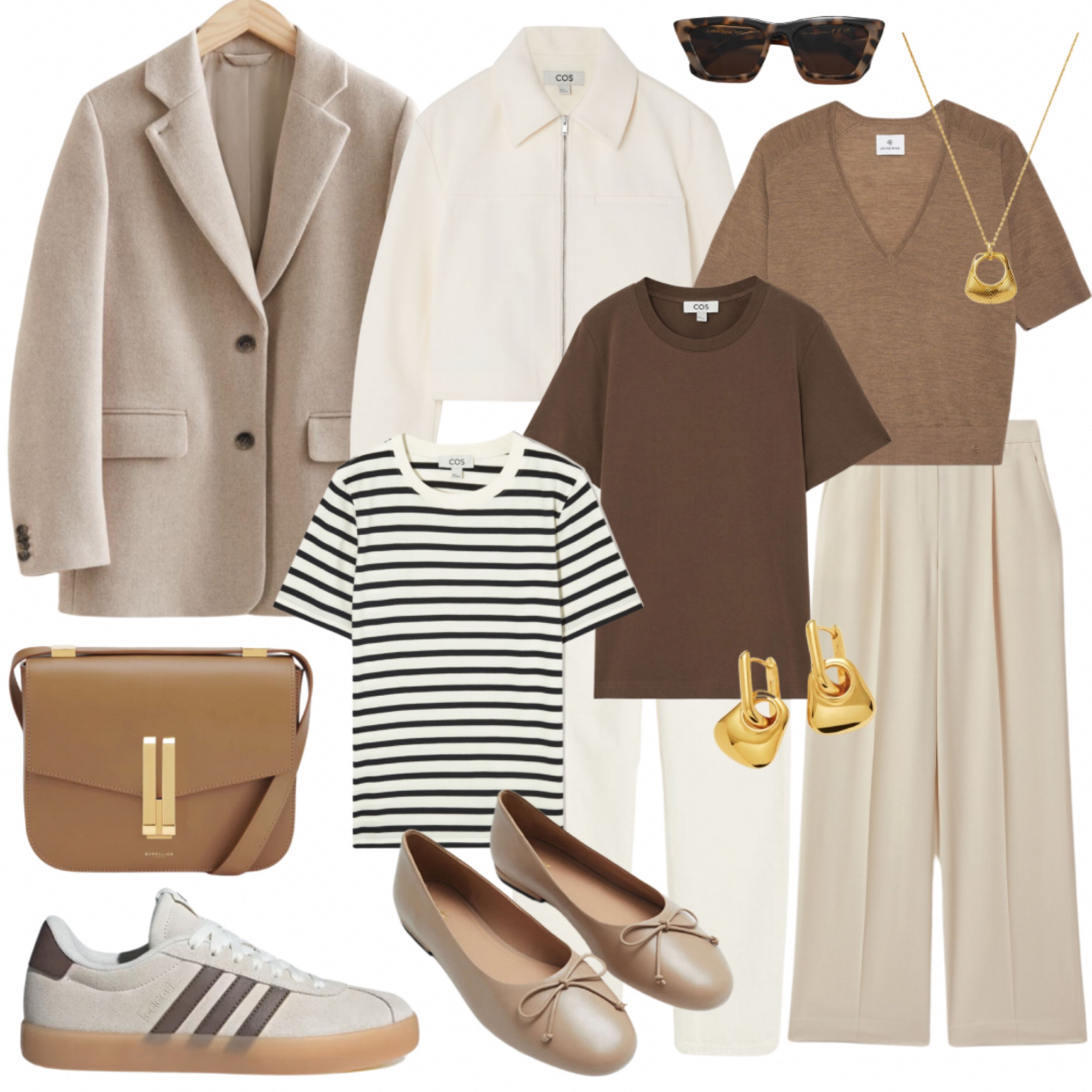 Neutral spring wardrobe,neutral blazer, wool blazer, white denim trousers, white jeans, adidas trainers, sneakers, striped t-shirt, stripes, brown, wide leg trousers, demellier, H&M, Mango

#LTKfindsunder100 #LTKshoecrush #LTKworkwear