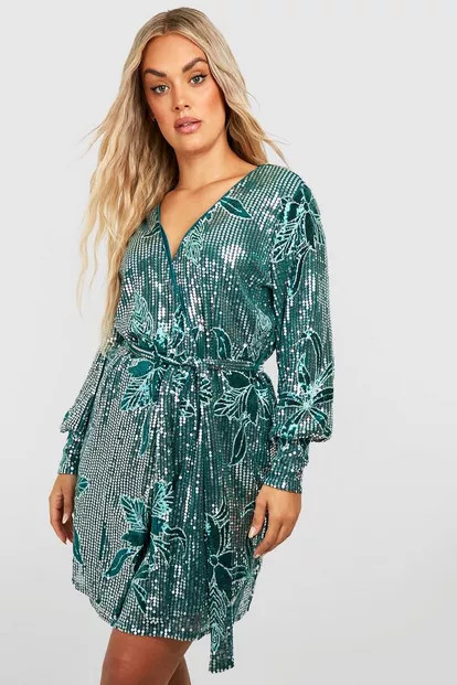 Plus Floral Sequin Tie Wrap Mini Dress | Boohoo.com (US & CA)
